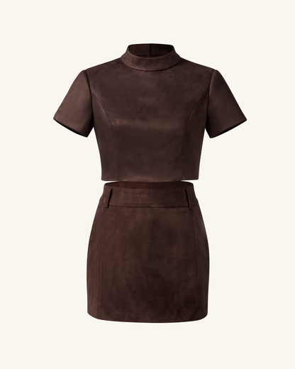 Grace Faux Suede Crop Top and Mini Skirt Set - Chocolate Brown | JW PEI