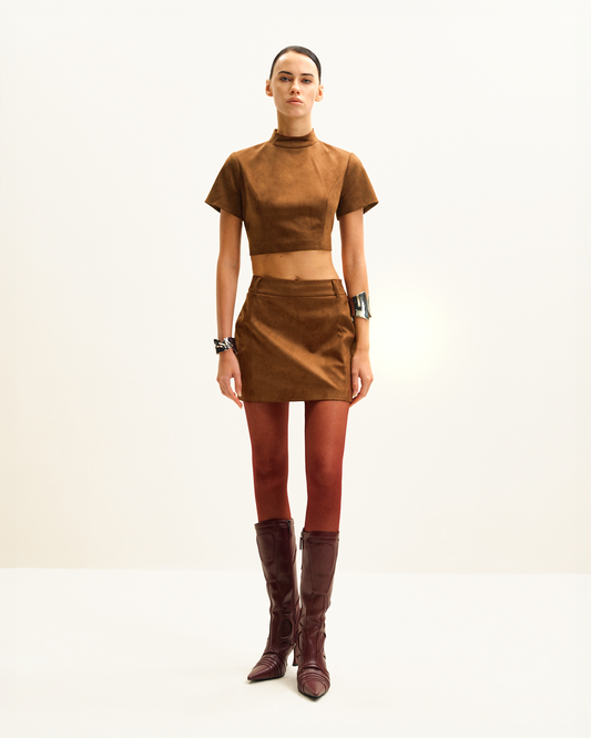Grace Faux Suede Crop Top and Mini Skirt Set - Camel | JW PEI