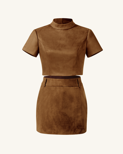 Grace Faux Suede Crop Top and Mini Skirt Set - Camel | JW PEI