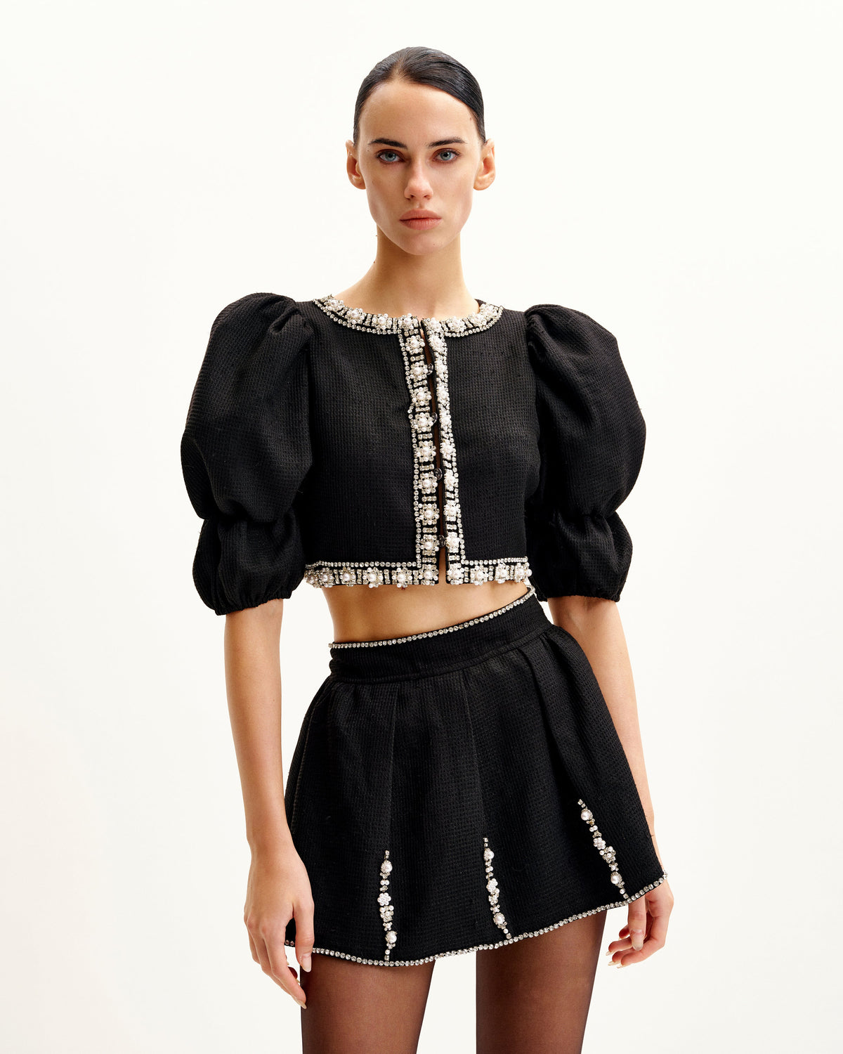 Pearl-Embellished Tweed Set - Black | JW PEI