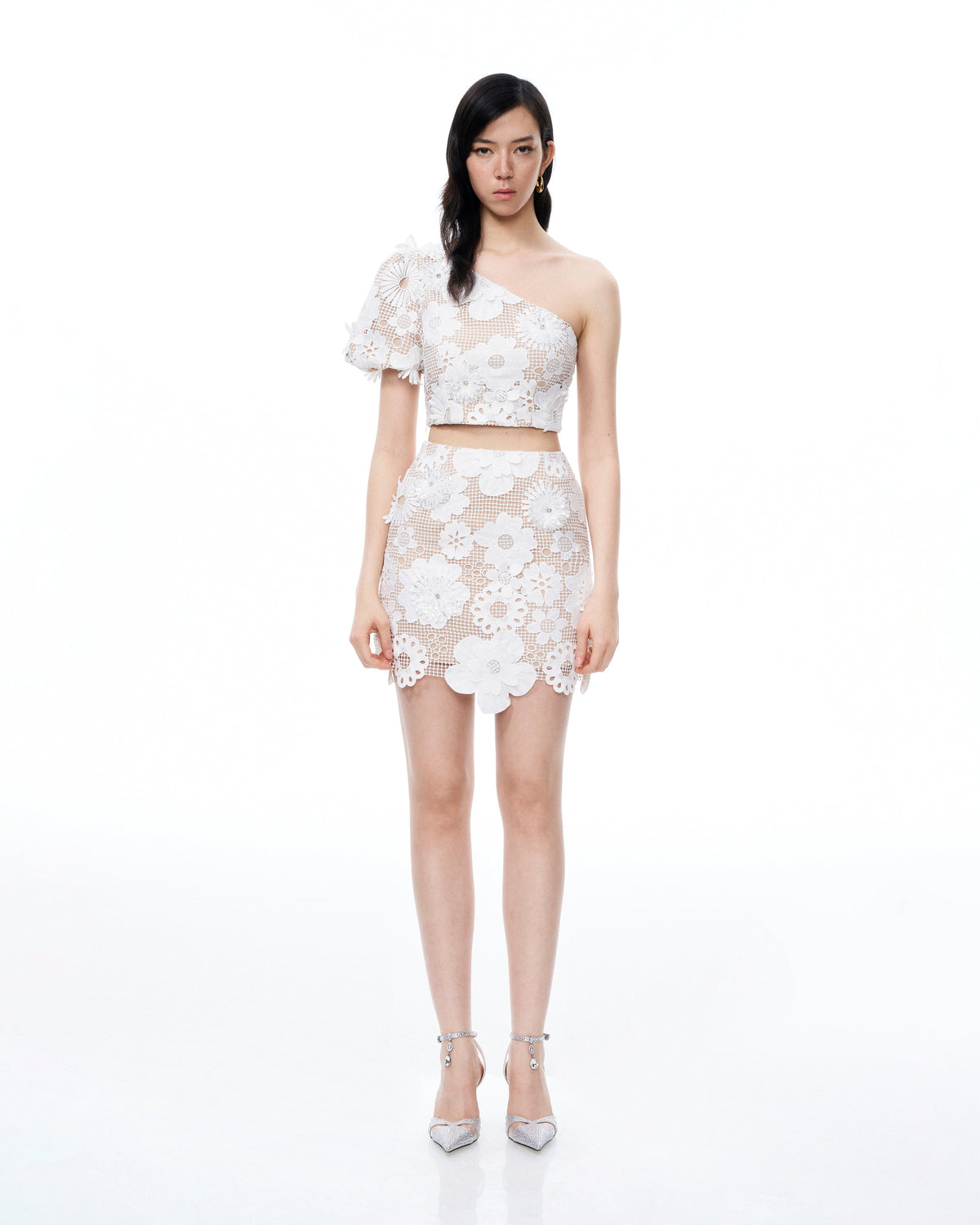 Ophelia One-shoulder Embroidered Iace Dress Suit - White | JW PEI