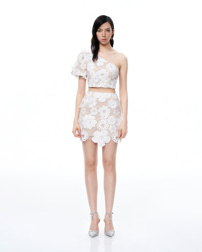 Ophelia One-shoulder Embroidered Iace Dress Suit - White | JW PEI