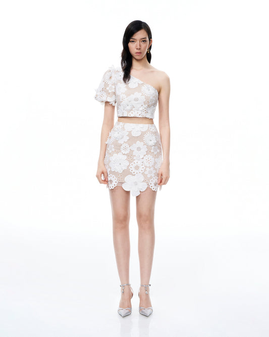 Ophelia One-shoulder Embroidered Iace Dress Suit - White | JW PEI