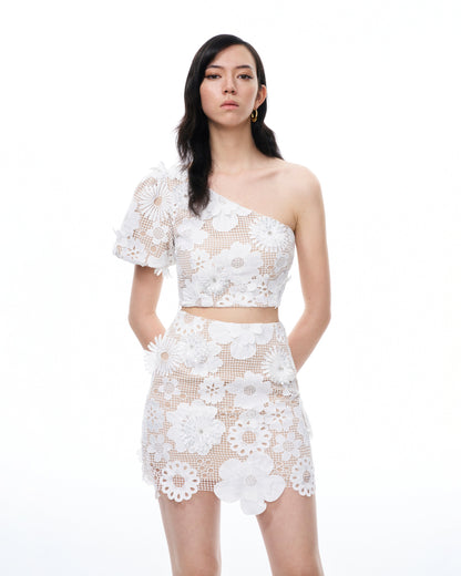 Ophelia One-shoulder Embroidered Iace Dress Suit - White | JW PEI