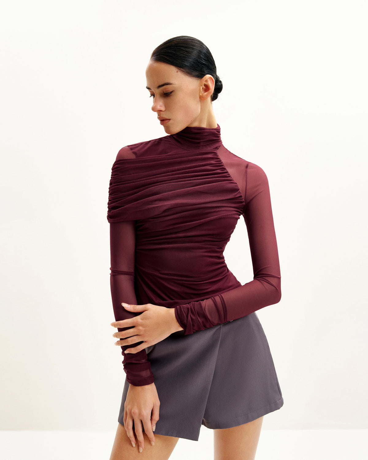Ella Sheer Ruched Turtleneck Top - Burgundy | JW PEI
