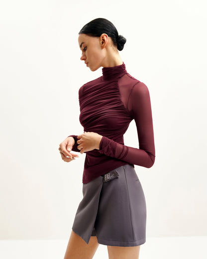 Ella Sheer Ruched Turtleneck Top - Burgundy | JW PEI
