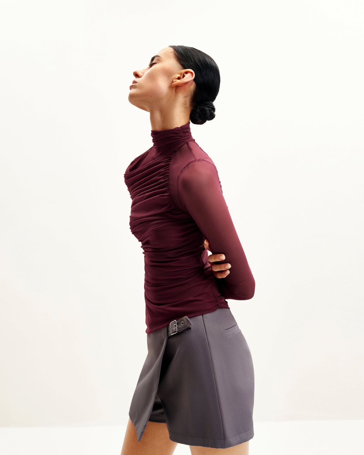Ella Sheer Ruched Turtleneck Top - Burgundy | JW PEI