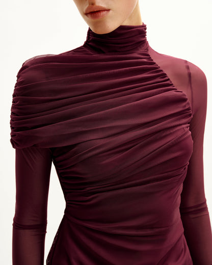 Ella Sheer Ruched Turtleneck Top - Burgundy | JW PEI