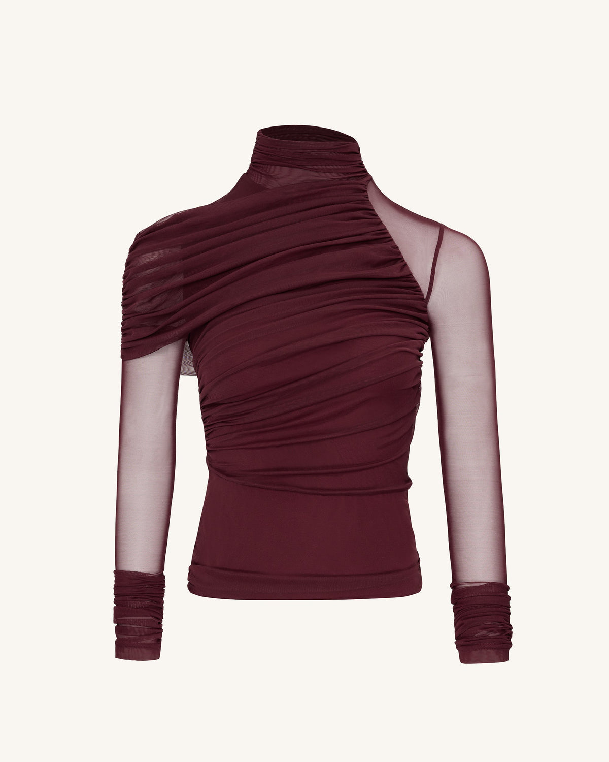 Ella Sheer Ruched Turtleneck Top - Burgundy | JW PEI