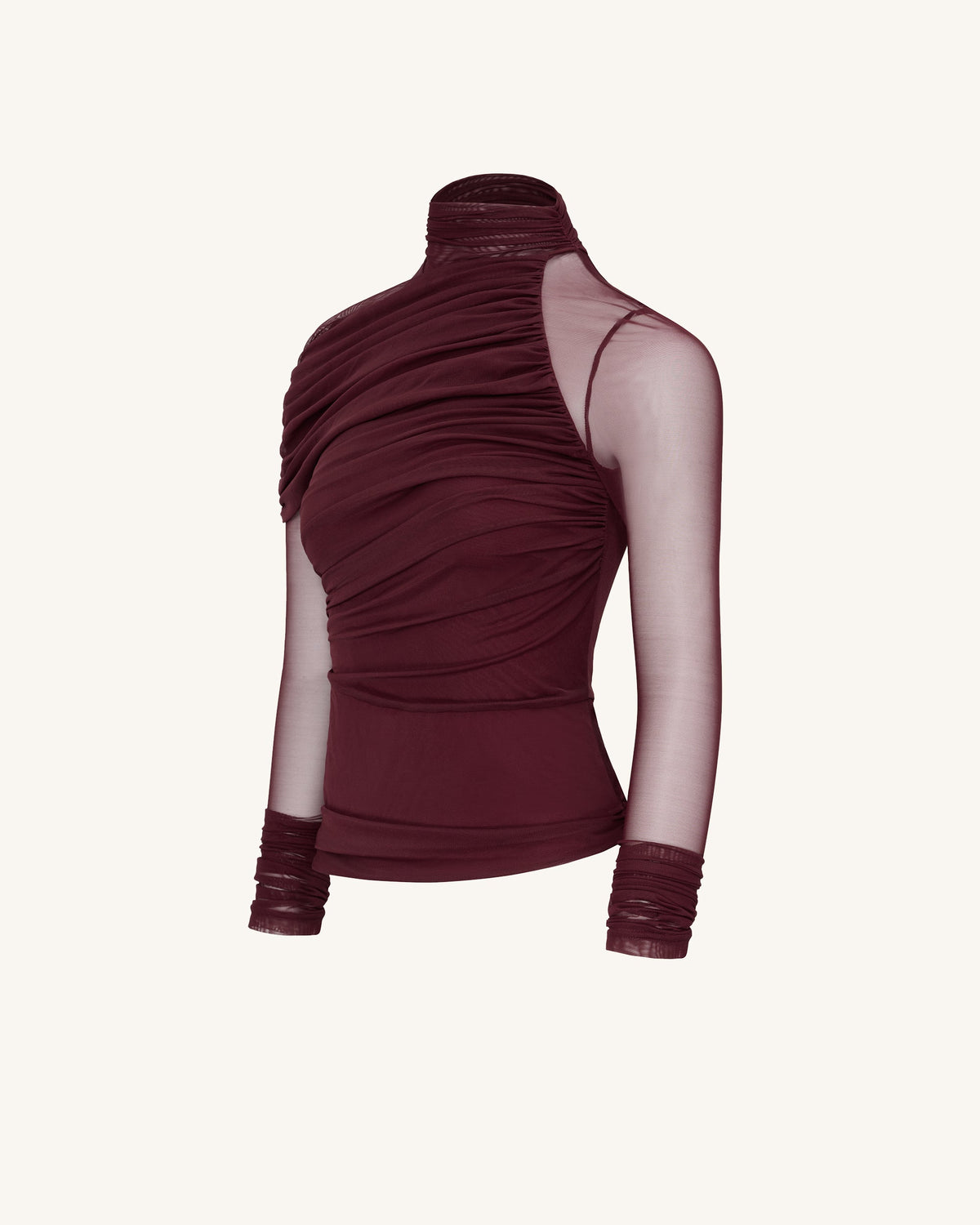 Ella Sheer Ruched Turtleneck Top - Burgundy | JW PEI