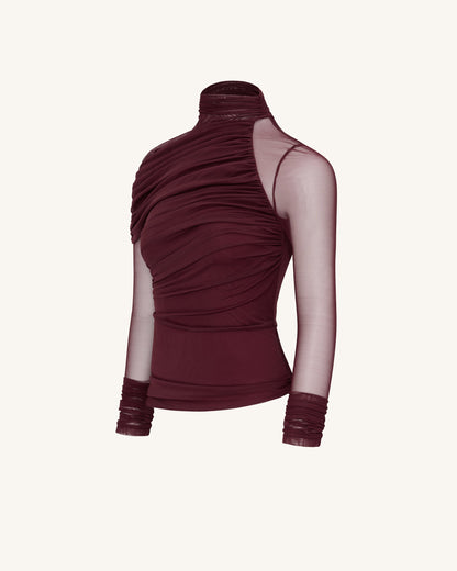 Ella Sheer Ruched Turtleneck Top - Burgundy | JW PEI