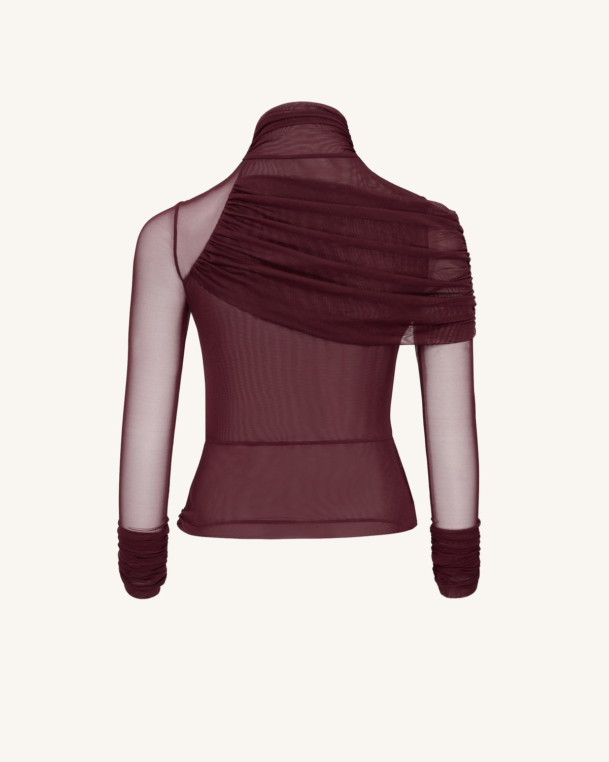 Ella Sheer Ruched Turtleneck Top - Burgundy | JW PEI