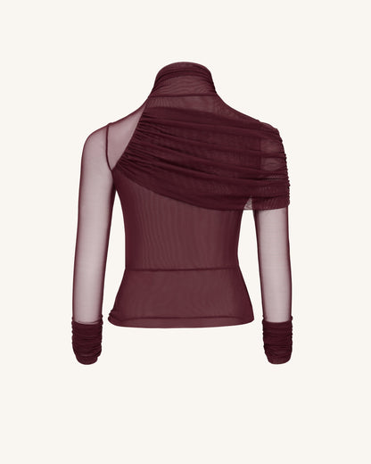 Ella Sheer Ruched Turtleneck Top - Burgundy | JW PEI
