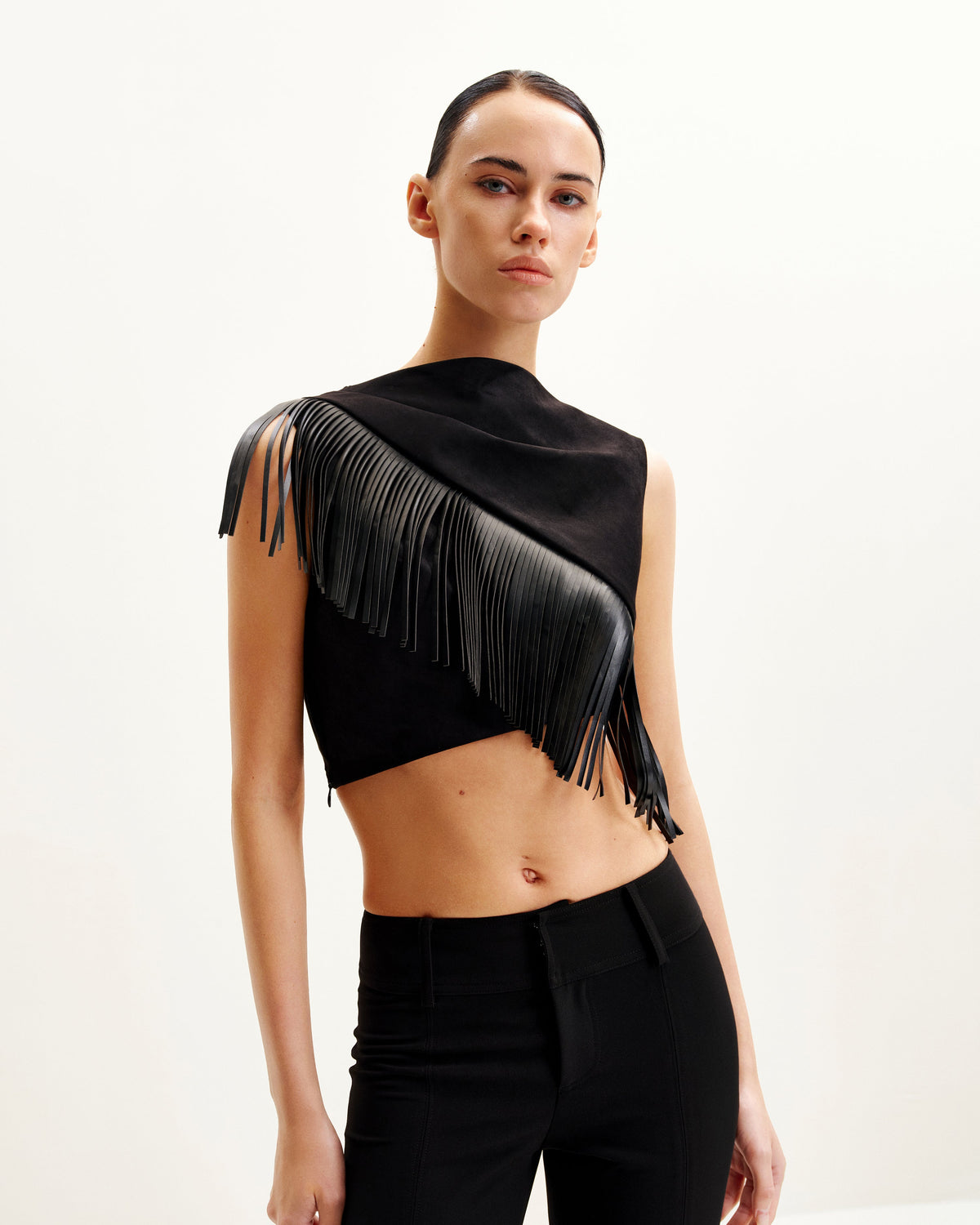 Ariana Asymmetric Fringe Sueded Top - Black | JW PEI