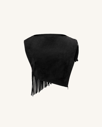 Ariana Asymmetric Fringe Sueded Top - Black | JW PEI