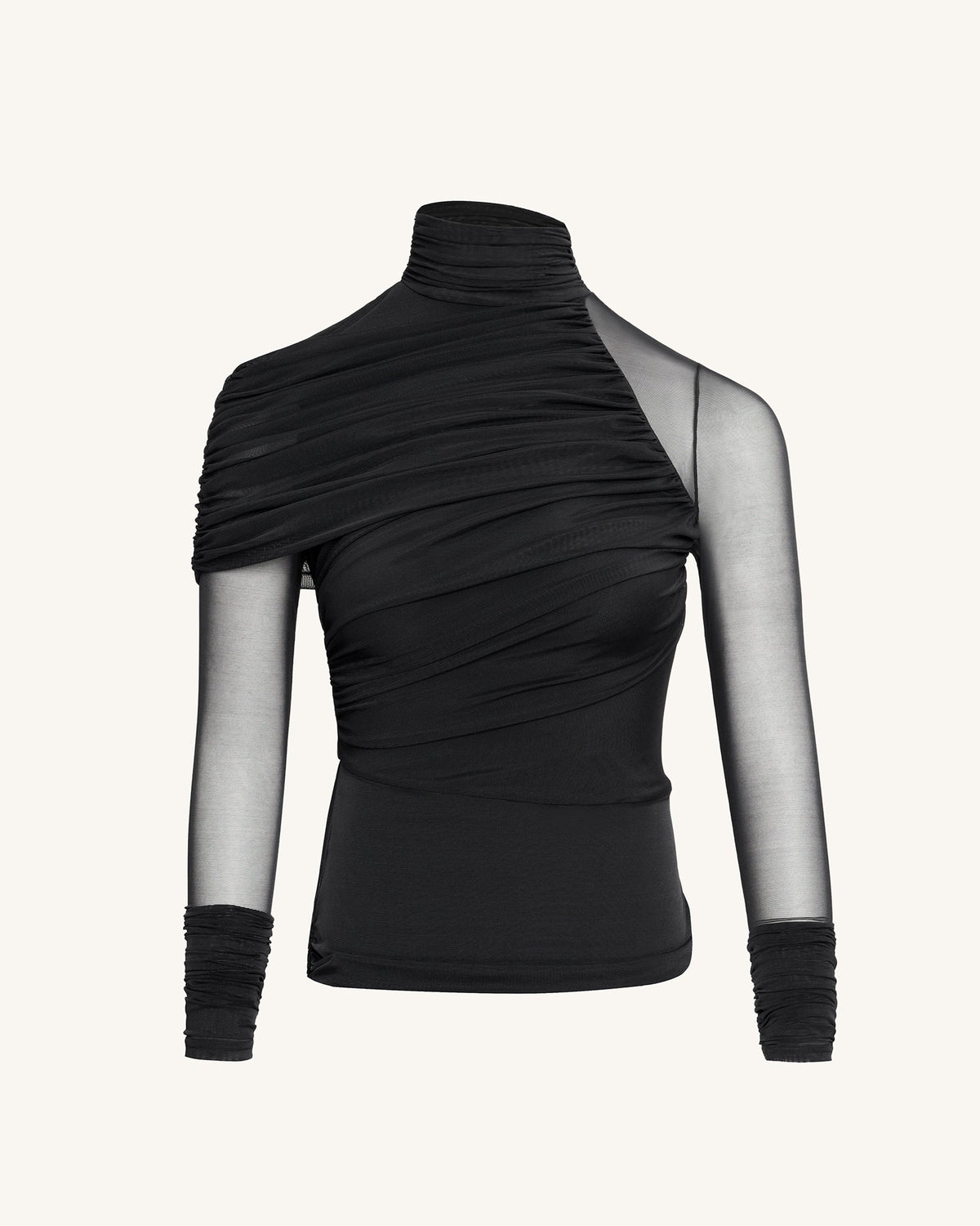 Ella Sheer Ruched Turtleneck Top - Black | JW PEI