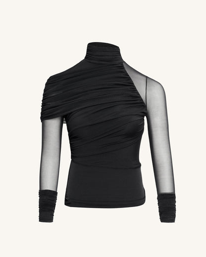 Ella Sheer Ruched Turtleneck Top - Black | JW PEI
