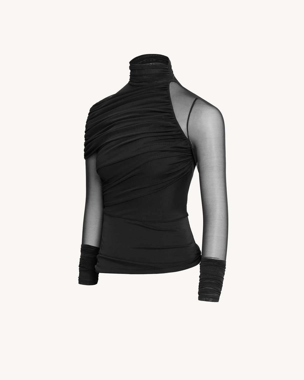 Ella Sheer Ruched Turtleneck Top - Black | JW PEI