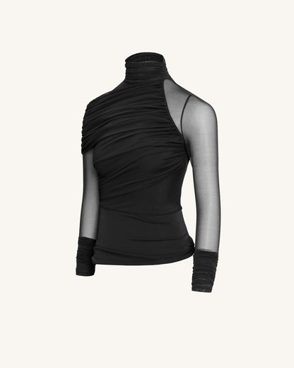 Ella Sheer Ruched Turtleneck Top - Black | JW PEI