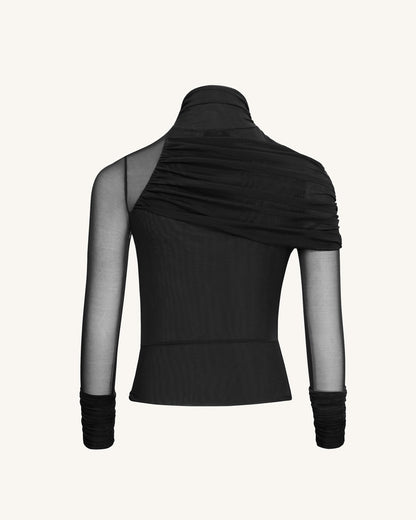 Ella Sheer Ruched Turtleneck Top - Black | JW PEI