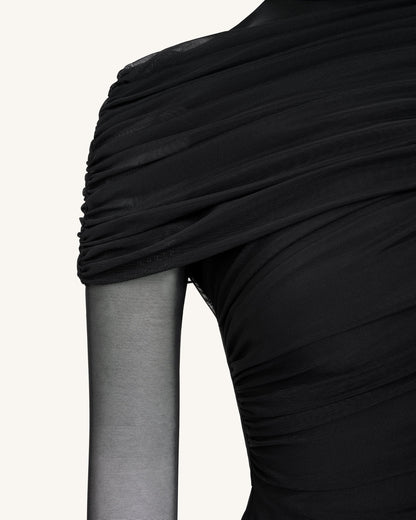 Ella Sheer Ruched Turtleneck Top - Black | JW PEI