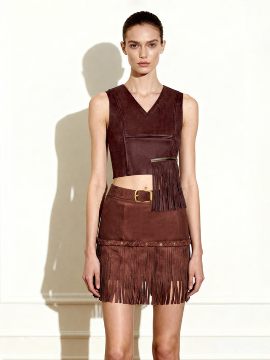 Faux Suede V-Neck Fringe Top - Chocolate Brown | JW PEI