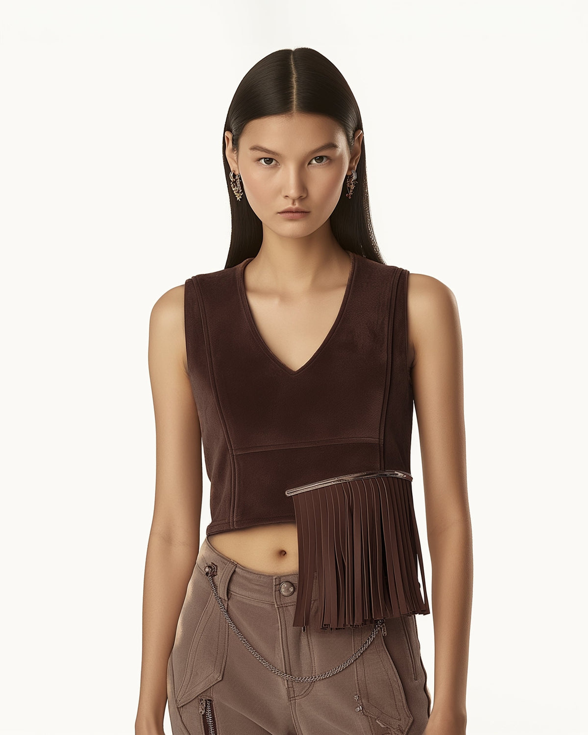 Faux Suede V-Neck Fringe Top - Chocolate Brown | JW PEI