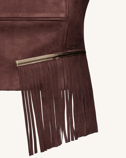 Faux Suede V-Neck Fringe Top - Chocolate Brown | JW PEI