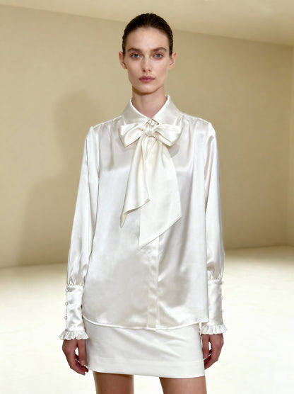 Ribbon Tie Balloon Sleeve Blouse - White | JW PEI