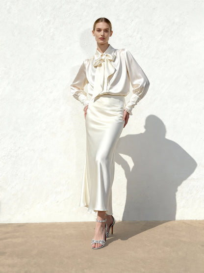 Ribbon Tie Balloon Sleeve Blouse - White | JW PEI