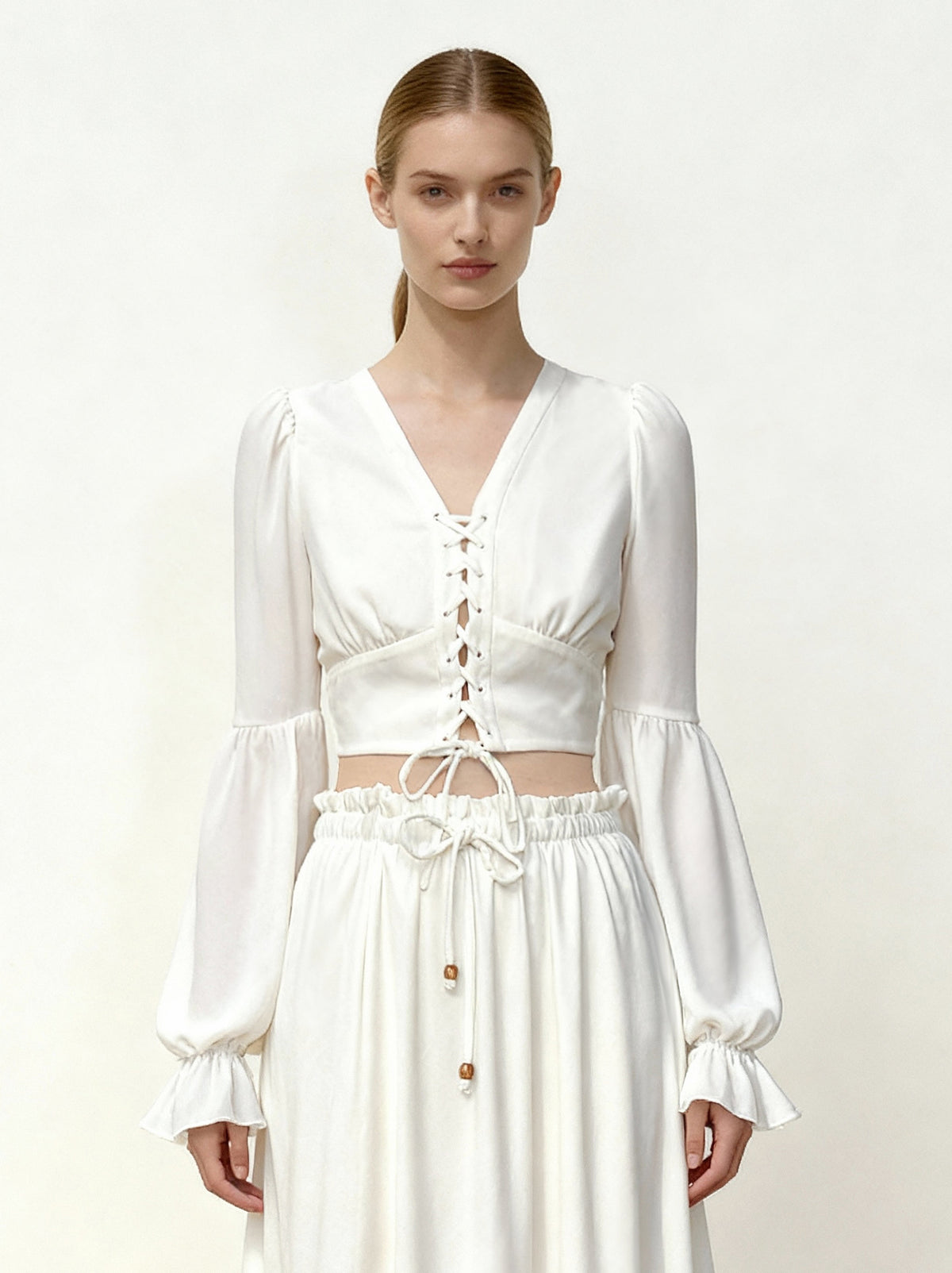 Chiffon Lantern-Sleeve Tie-Front Cropped Blouse - White | JW PEI
