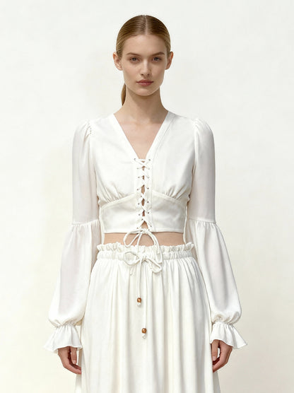 Chiffon Lantern-Sleeve Tie-Front Cropped Blouse - White | JW PEI