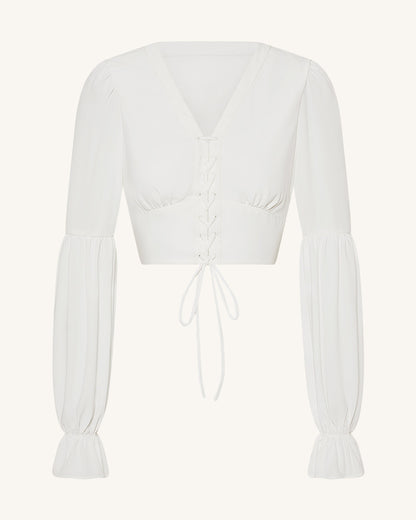 Chiffon Lantern-Sleeve Tie-Front Cropped Blouse - White | JW PEI
