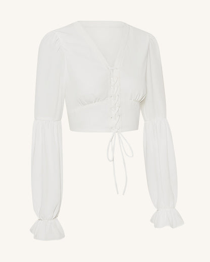 Chiffon Lantern-Sleeve Tie-Front Cropped Blouse - White | JW PEI