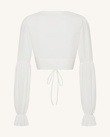 Chiffon Lantern-Sleeve Tie-Front Cropped Blouse - White | JW PEI