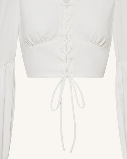 Chiffon Lantern-Sleeve Tie-Front Cropped Blouse - White | JW PEI