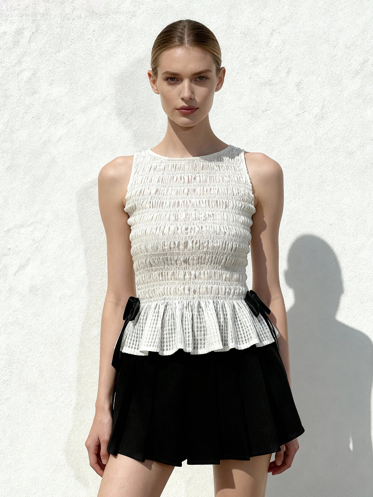 Smocked Peplum Sleeveless Top - White | JW PEI