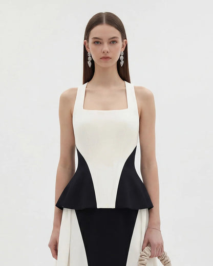 Monochrome Paneled Square-Neck Peplum Top - Black | JW PEI