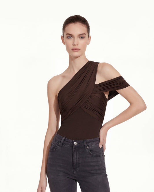 Ruched Asymmetric One-Shoulder Top - Brown | JW PEI