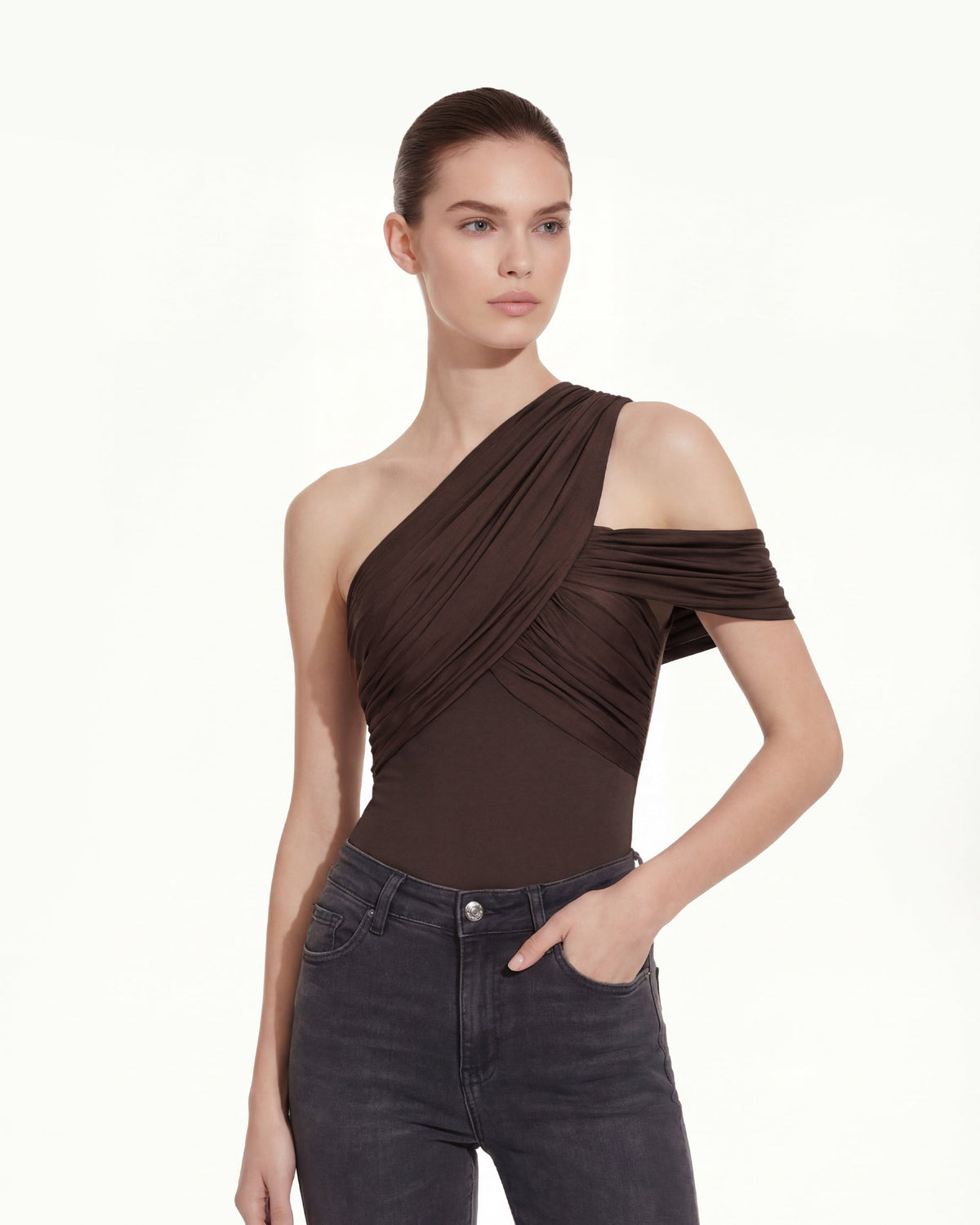 Ruched Asymmetric One-Shoulder Top - Brown | JW PEI