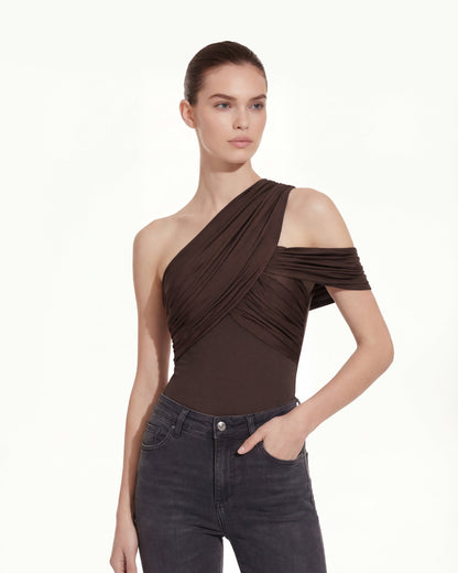 Ruched Asymmetric One-Shoulder Top - Brown | JW PEI