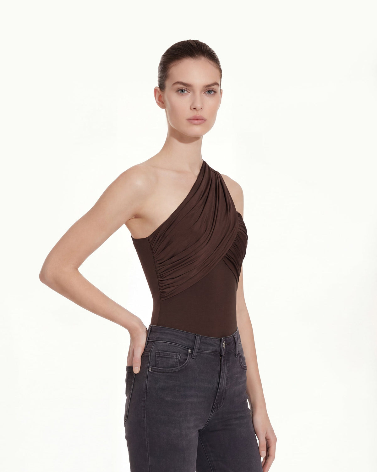 Ruched Asymmetric One-Shoulder Top - Brown | JW PEI
