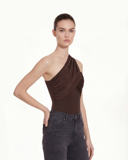 Ruched Asymmetric One-Shoulder Top - Brown | JW PEI