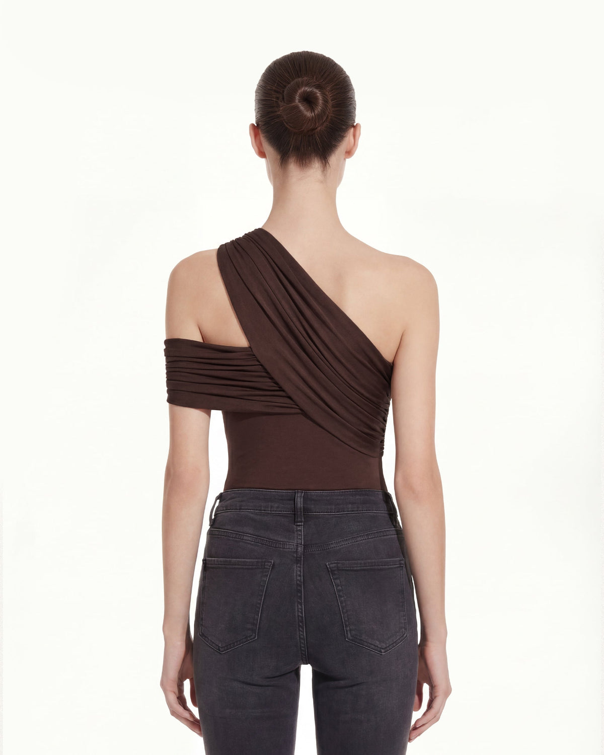 Ruched Asymmetric One-Shoulder Top - Brown | JW PEI