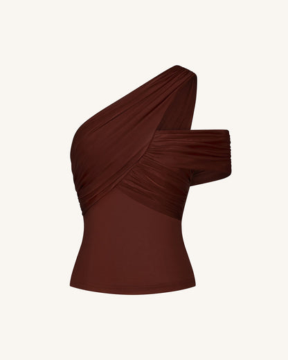 Ruched Asymmetric One-Shoulder Top - Brown | JW PEI