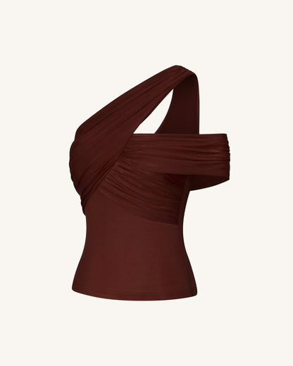 Ruched Asymmetric One-Shoulder Top - Brown | JW PEI