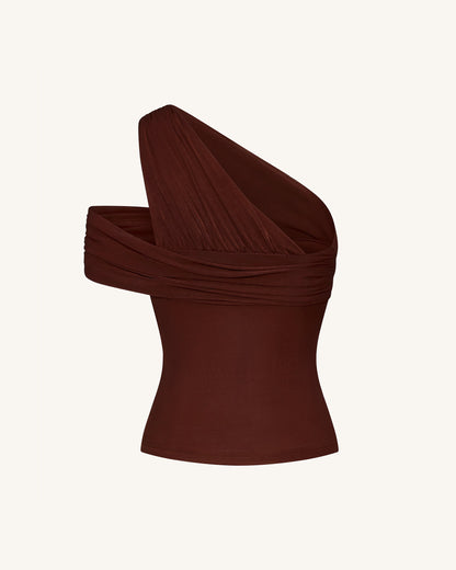 Ruched Asymmetric One-Shoulder Top - Brown | JW PEI