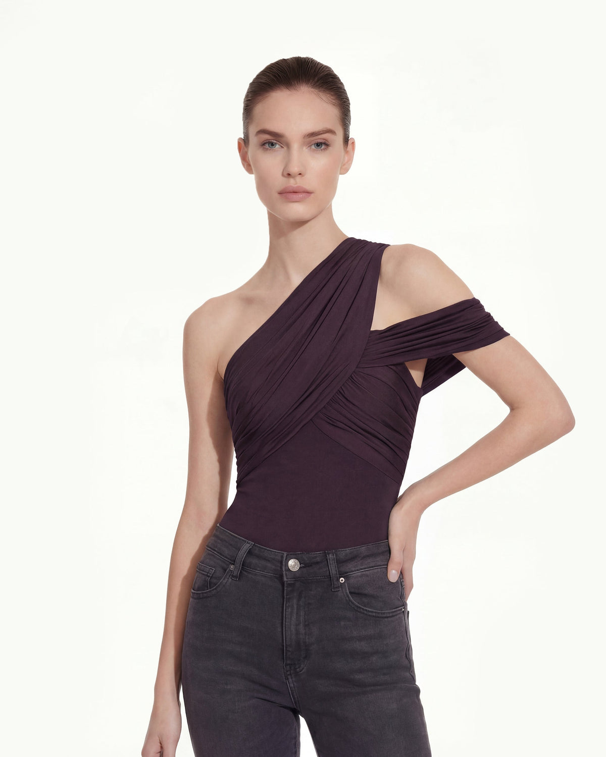 Ruched Asymmetric One-Shoulder Top - Burgundy | JW PEI