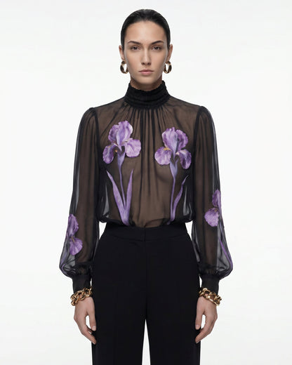 Iris Print Sheer High Neck Blouse - Black/Purple | JW PEI