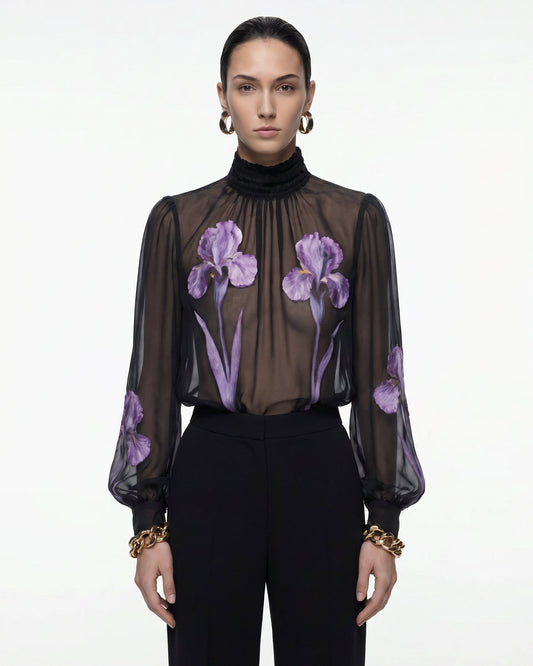Iris Print Sheer High Neck Blouse - Black/Purple | JW PEI